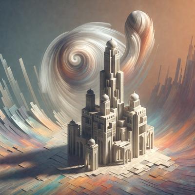 The primary subject of the image is a large, intricately designed building with a tall tower. The building is made of white stone and features a dome on top. The setting is a colorful, artistic backdrop that includes a spiral, a swirl, and a sky. The visual style of the image is a combination of digital art and illustration, creating a vibrant and captivating scene. The colors and mood of the image are lively and energetic, with a focus on the beauty and